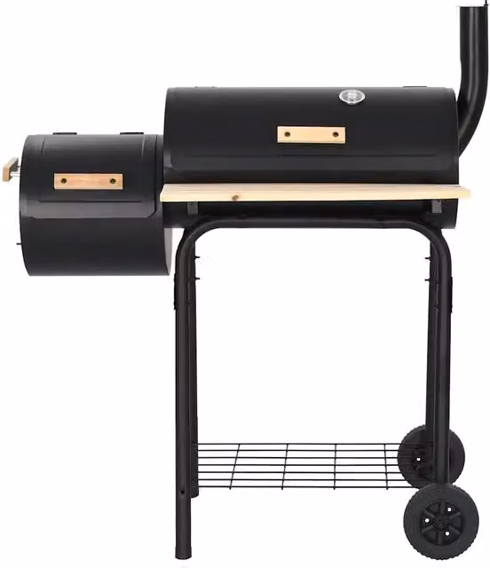 Barbecue Affumicatore a Carbonella Offset Videx Nero con Termometro e Ruote in Acciaio e Legno L/P/H: 113 x 60 x 103 cm