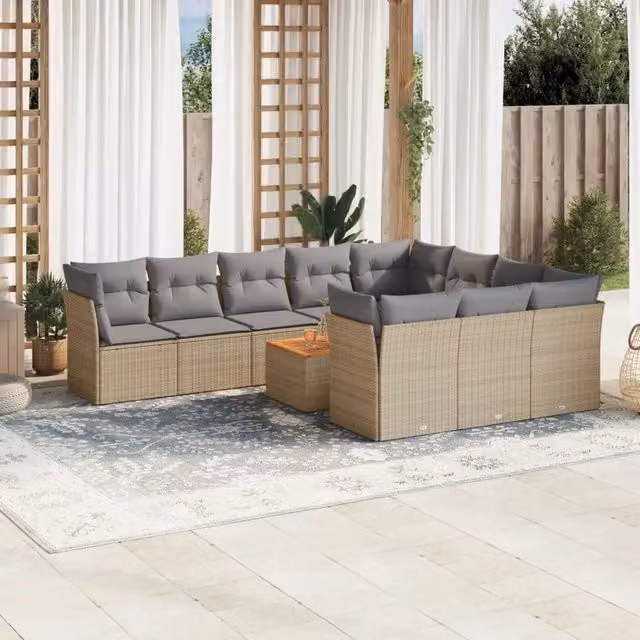 Set di divani da giardino VIDAXL in polyrattan con cuscini beige, 11 pezzi