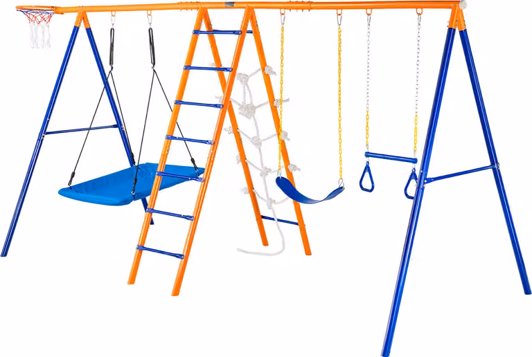 SucceBuy Set di altalene 6 in 1, capacità di 440 libbre, 2 altalene, trapezio, scala, rete di arrampicata, canestro da basket per il giardino di casa