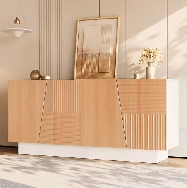 Sideboard MODFU a 4 ante con struttura scanalata geometrica in MDF, Bianco e Beige, L: 160 cm, P: 40,5 cm, H: 72 cm