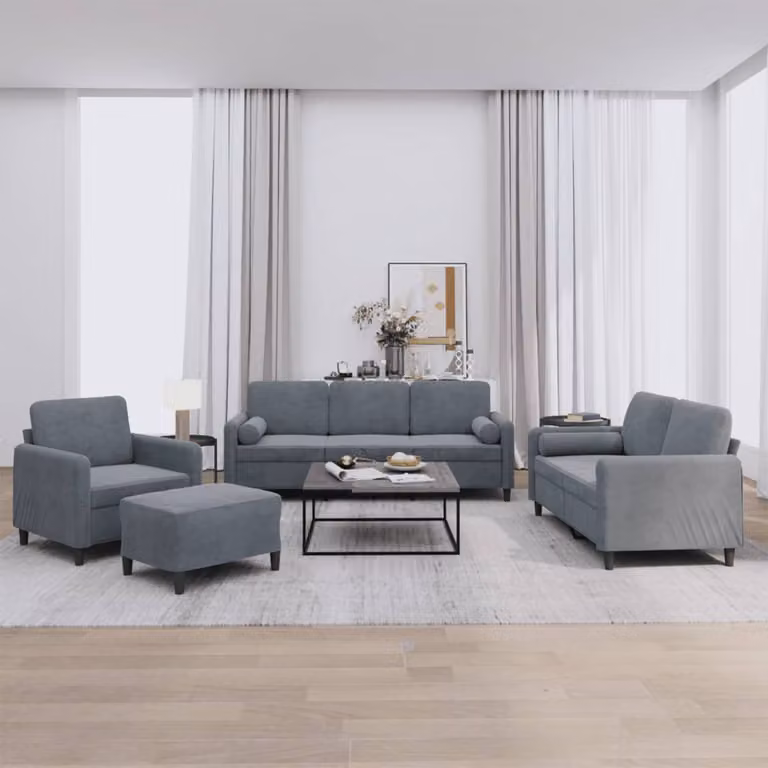 vidaXL Set di Divani Moderno in Velluto Grigio con Cuscini e Pouf per Soggiorno