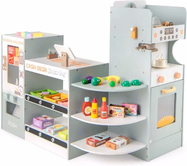 Negozio di alimentari giocattolo in legno multicolore con macchina distributrice e scaffali espositivi per bambini L: 36 cm, P: 30 cm, H: 30 cm