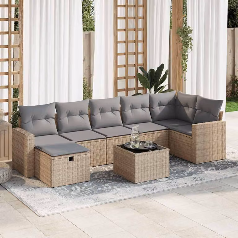 Set Divano da Giardino a L vidaXL 8 pz con Cuscini Beige e Tavolino in Polyrattan e Metallo