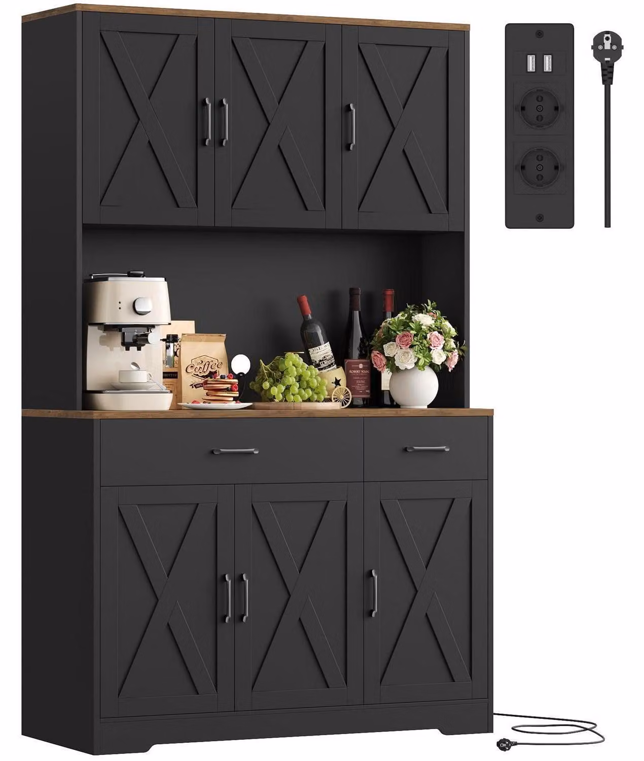 Mobiletti da cucina 105x180 cm, colore nero, con prese elettriche e cassetti