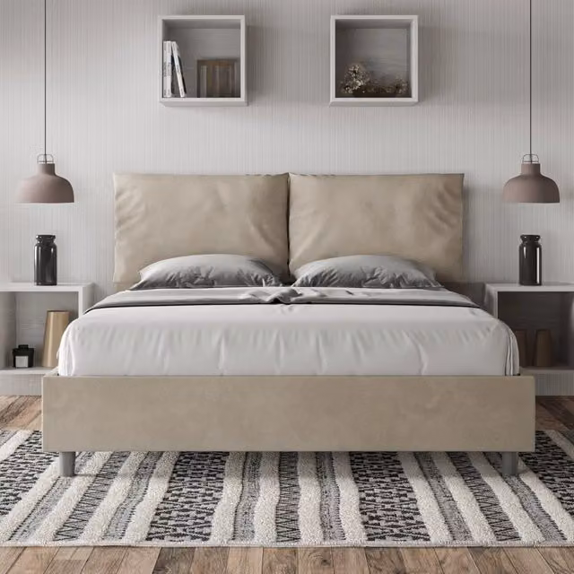 Letto queen size senza rete imbottito 150x190 microfibra sabbia Antea Large