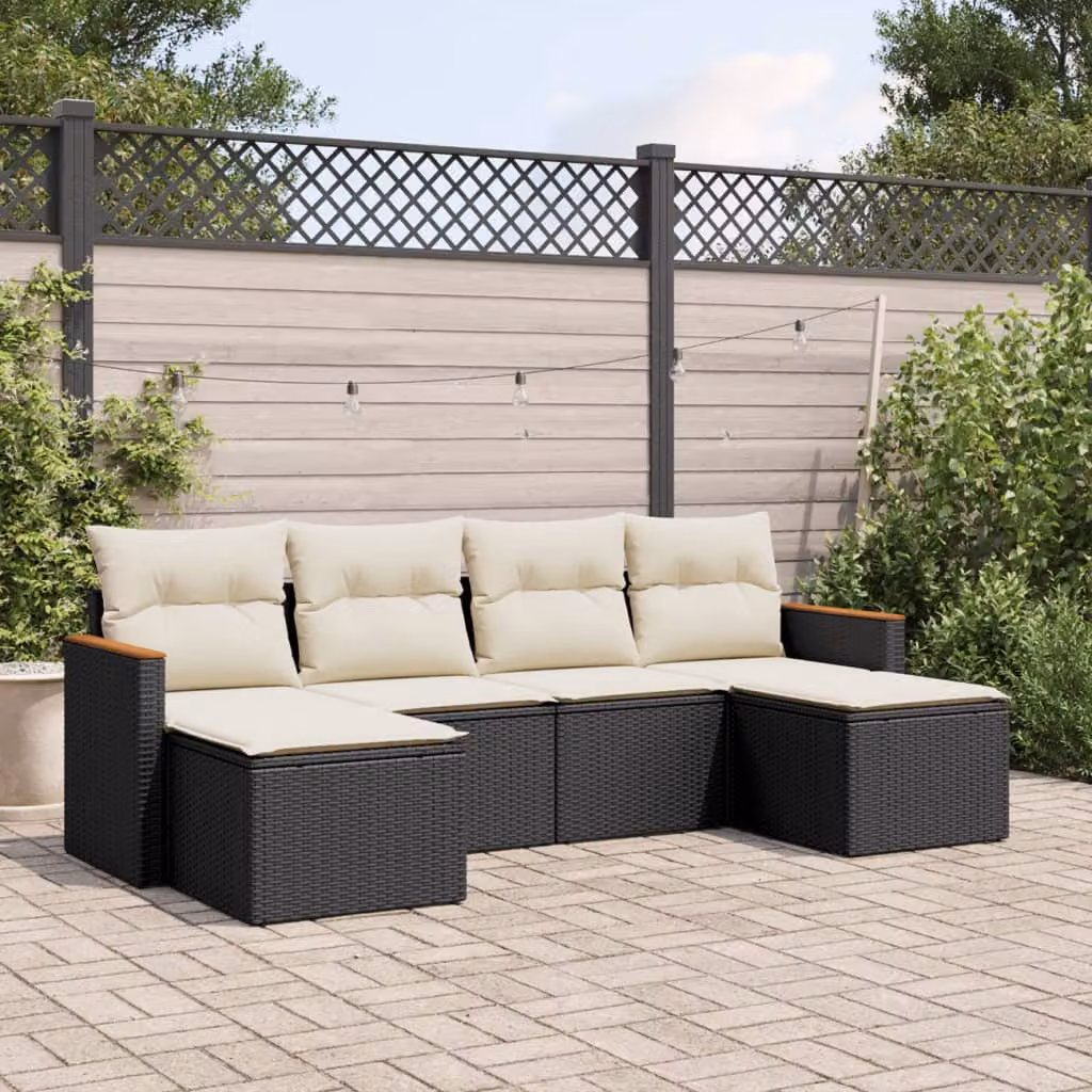 vidaXL Set Divano da Giardino a L in Polyrattan Nero con Cuscini e Ottoman per 6 Persone – 1