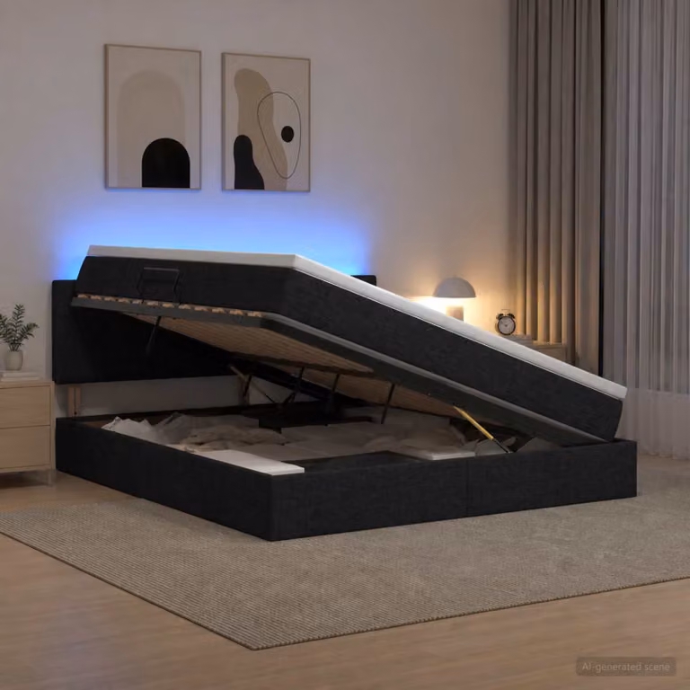Letto con contenitore e materasso vidaXL in tessuto nero con illuminazione LED e porte USB L/P/H: 140 x 190 x 88 cm