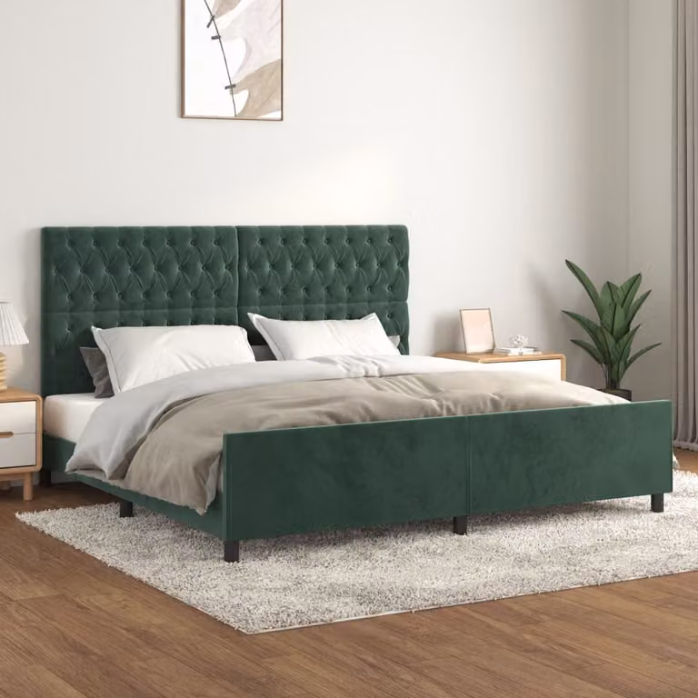 The Living Store Struttura letto con testiera in velluto verde scuro 200x200 cm