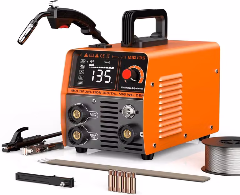 Lasmachine - Saldatrice MIG 3-in-1 - Stazione di saldatura - Senza gas - 135A - IGBT - Display a LED - Colore: nero e arancione