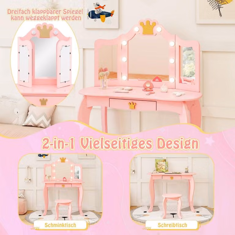 Toeletta per bambini con illuminazione, toeletta per ragazze con specchio a tre ante, rosa