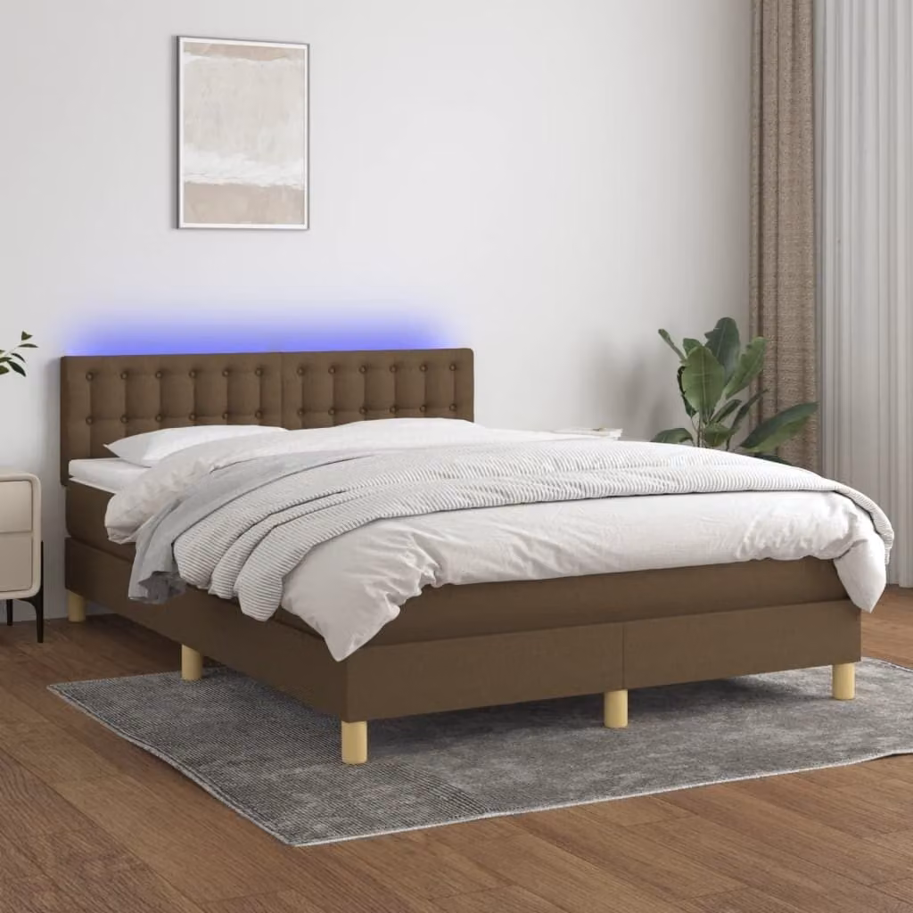 Maison Exclusive - Letto boxspring con materasso e illuminazione a LED, marrone scuro, 140x190 cm, rivestimento in tessuto