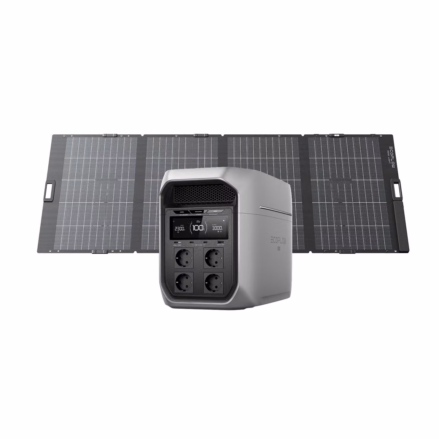 Stazione di ricarica portatile ECOFLOW DELTA 3 Max Plus da 2 048 Wh con pannello solare bifacciale da 400 W, uscita CA da 3 000 W e ingresso solare da 1 000 W