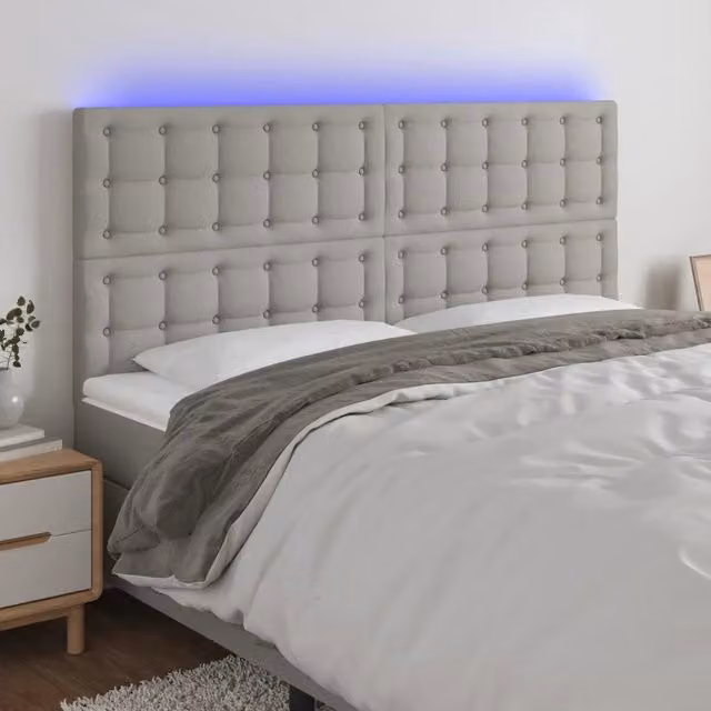 Testiera con LED Design Mania in tessuto grigio chiaro con porta USB, L: 200 cm, P: 5 cm, H: 118/128 cm – 1