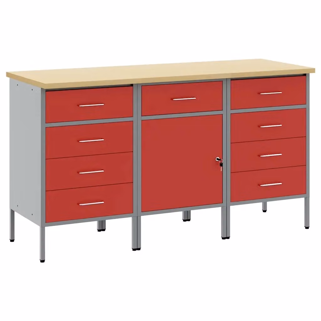 Set di 3 mobili da lavoro vidaXL in acciaio e legno, colore rosso e grigio, L 150 x P 55 x H 85 cm – 2