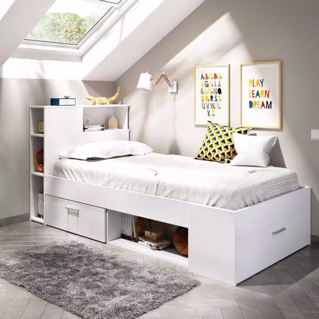 Letto per bambini Adrielle DMORA Bianco con cassetto e scaffali L: 218 cm, P: 99 cm, H: 96 cm