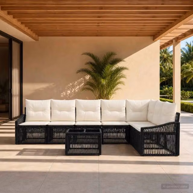Set Divano da Giardino vidaXL 8 pz Nero con Tavolino e Cuscini in Polyrattan e Acciaio – 1