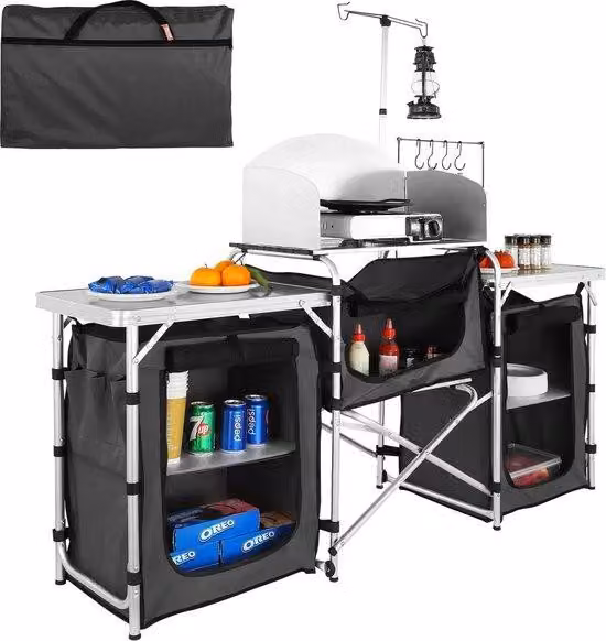 Stazione di cottura da campeggio portatile - Alluminio - Borsa per il trasporto inclusa - 3 ripiani - 174x110x46 cm - Nero