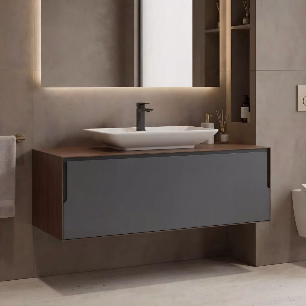 Mobile lavabo moderno Hanah Home con ante e cassetti, sospeso, finitura opaca, Marrone e Antracite, L 120 cm x P 50 cm x H 40 cm – 2