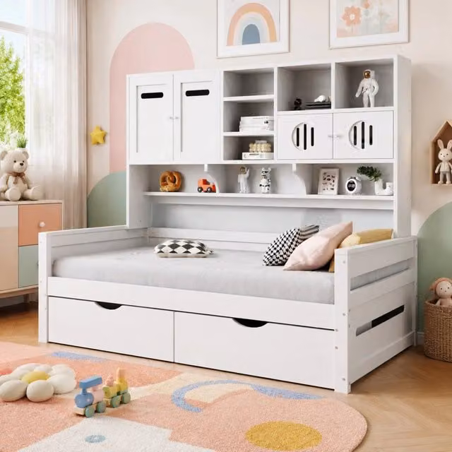 Letto singolo ULEVR 90x200 cm con vano superiore e 2 cassetti, struttura in pino bianco