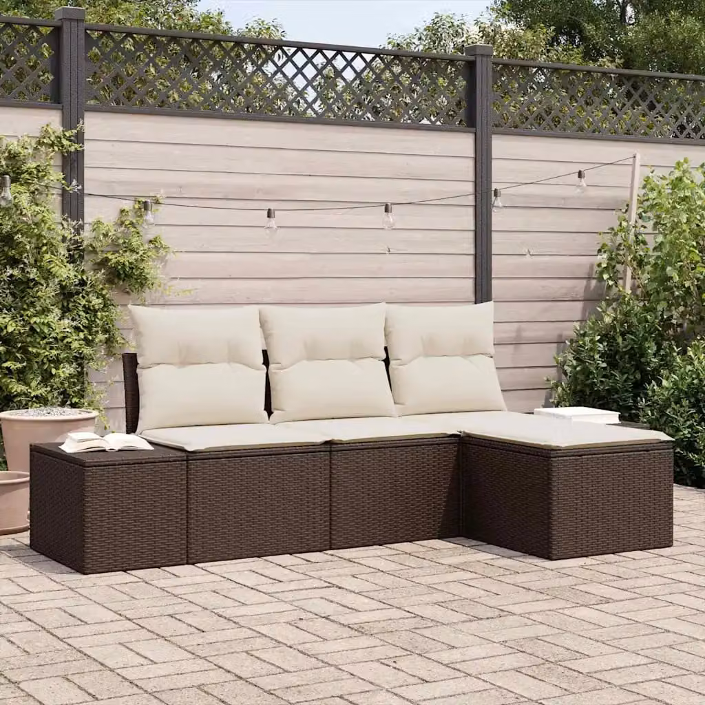 Set Divano da Giardino vidaXL 4 Pezzi a Forma di L in Polyrattan Marrone con Cuscini e Struttura in Acciaio Resistente alle Intemperie – 1