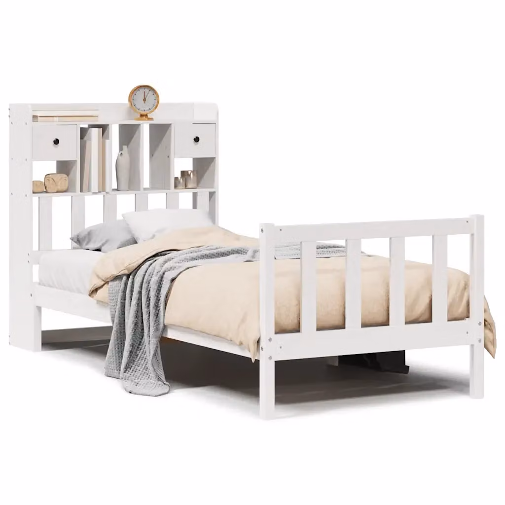 Letto con Libreria e Cassetti VIDAXL in Legno di Pino Rustico Bianco L 190 x P 81 x H 110 cm – 2