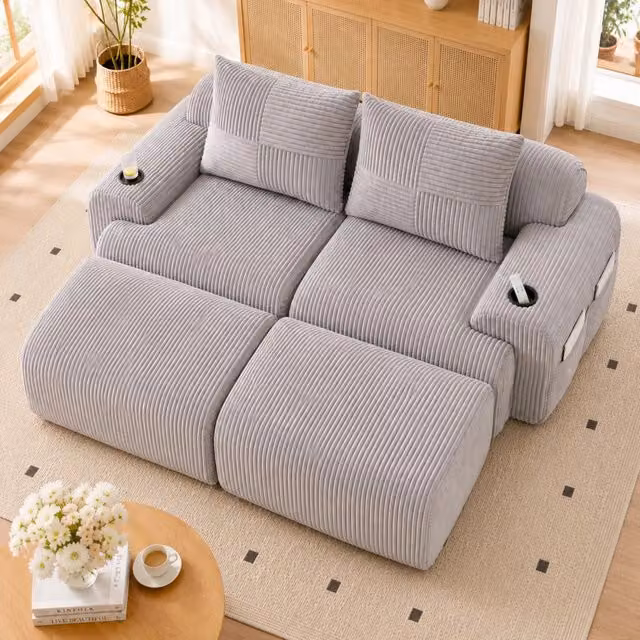 Divano modulare a L Mivray in velluto a coste grigio con pouf coordinato e portabevande L 200 x P 174 x H 80 cm