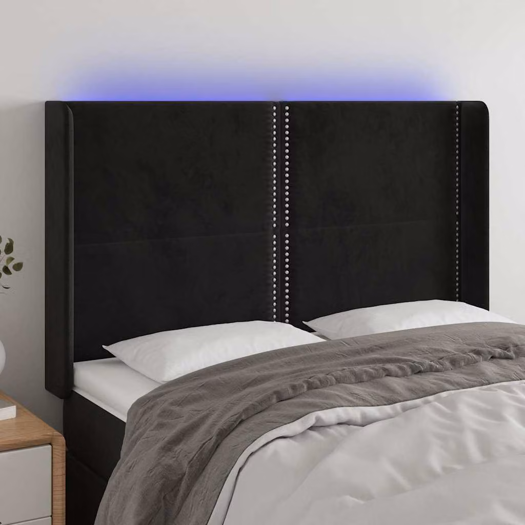 Testiera per letto vidaXL in velluto nero con illuminazione LED e porta di ricarica USB, L 147 cm x P 16 cm x H 118/128 cm