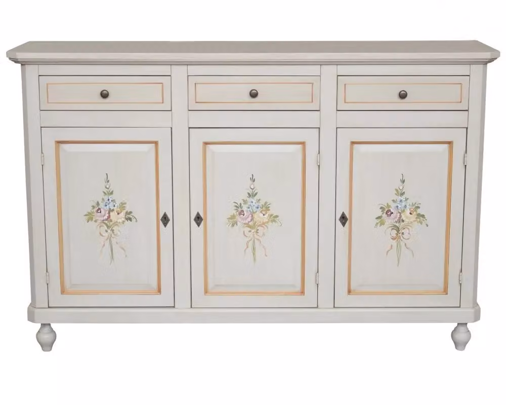 Credenza in legno con 3 ante Mobili 2G bianca decorata con dettagli floreali arancioni stile shabby chic L/P/H: 150 x 45 x 98 cm