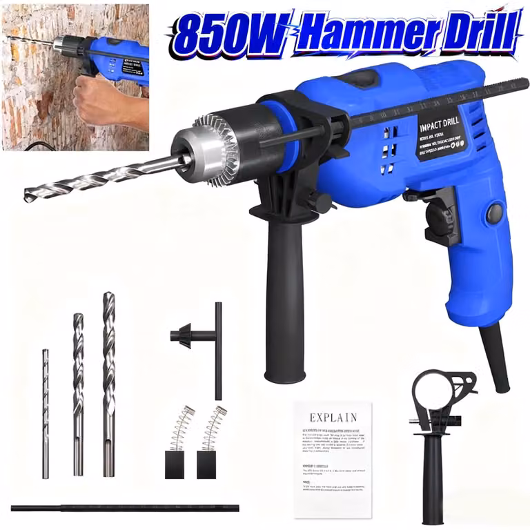 Trapano avvitatore a percussione - 850 W - Alimentazione a cavo - Velocità variabile - Mandrino autoserrante per metallo da 13 mm - Limitatore di profondità - Colore blu