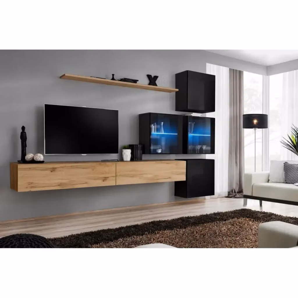 Composizione murale SWITCH XIX Meublorama con mobile TV, cubi con vetro e illuminazione LED, Rovere Wotan e nero lucido, L: 310 cm, H: 40 cm, P: 7 cm – 2