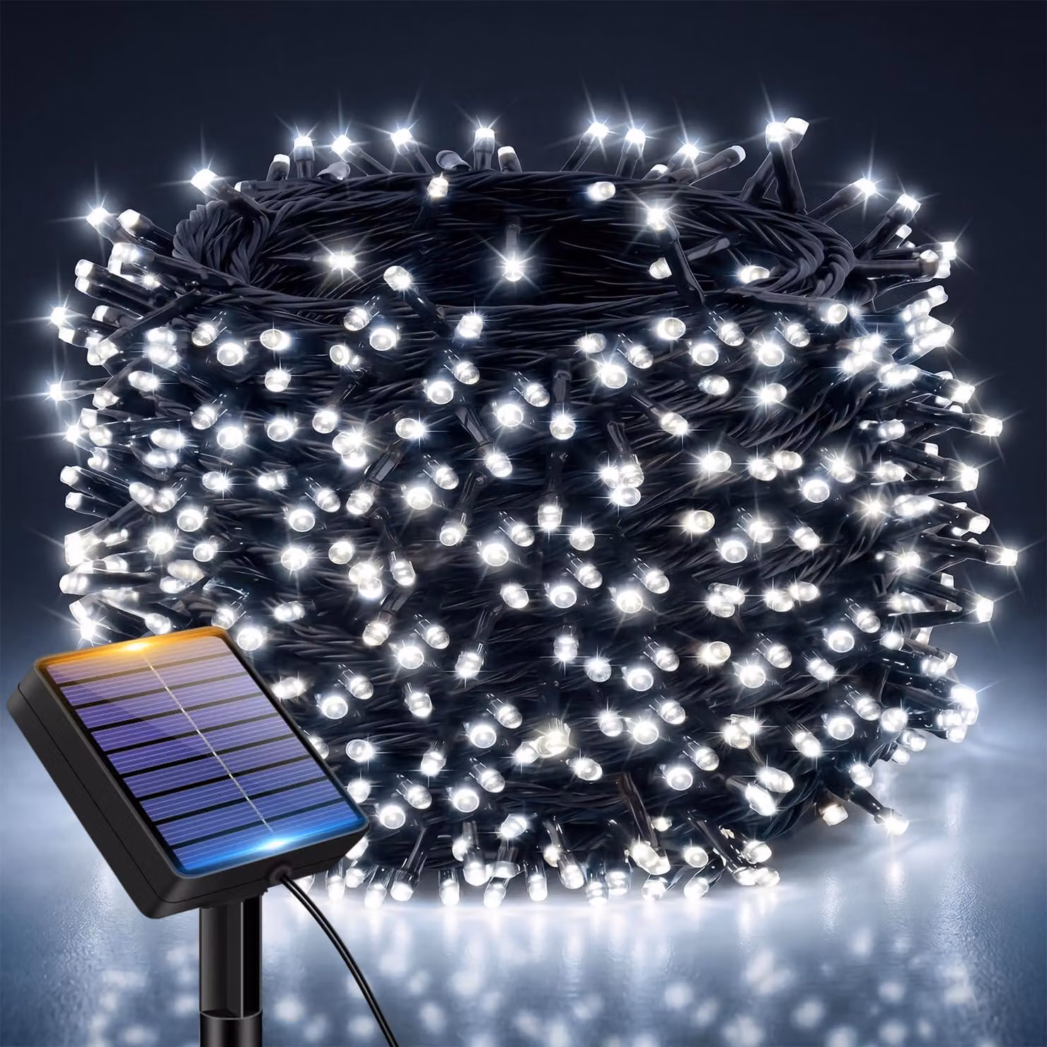 Catena luminosa solare, 12 metri, 120 LED, luce bianca fredda, grado di protezione IP65, 8 modalità