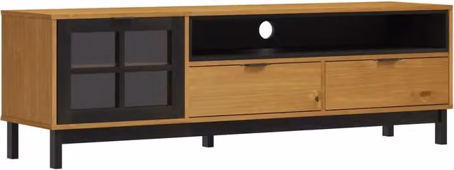 Mobile TV multimediale scaffale televisione credenza televisore sala da pranzo soggiorno camera da letto con porta in vetro FLAM 158 x 40 x 50cm legno massello di pino marrone 02_0026889