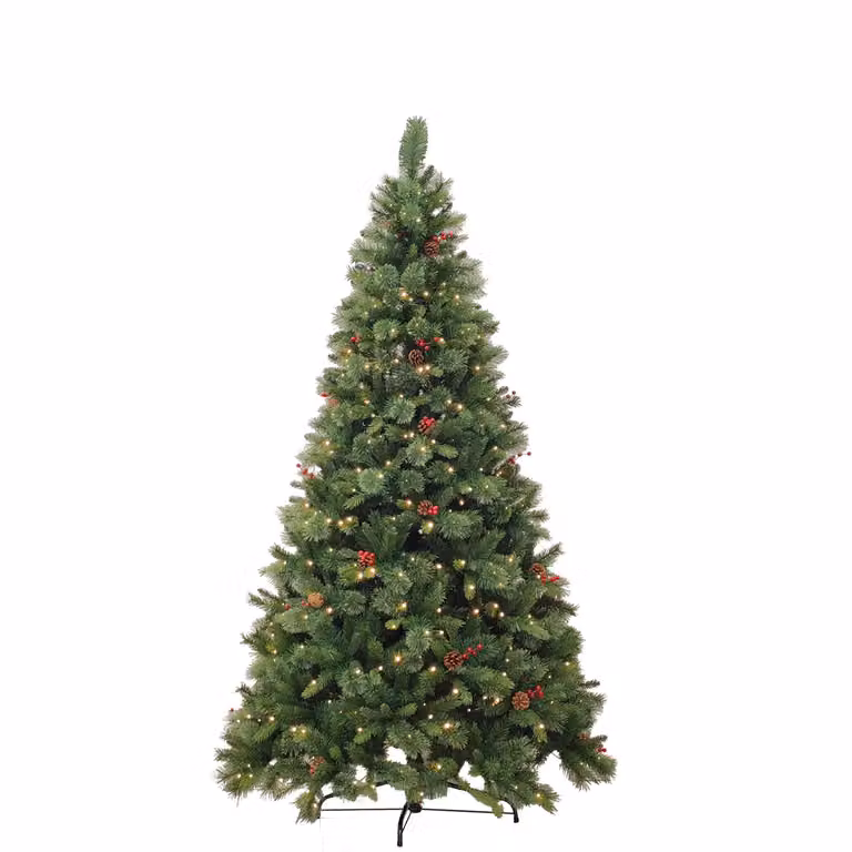 Albero di Natale Luminoso DICTROLUX Sirino con 500 LED Bianco Caldo, Pigne e Bacche, H: 210 cm, Diametro alla base: 118 cm