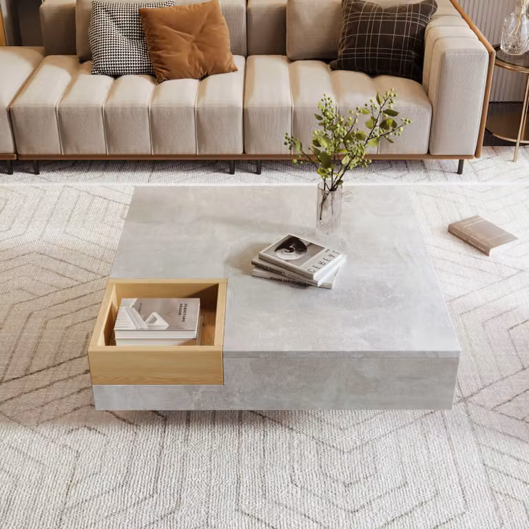 Tavolino Fortuna Lai Tavolino da salotto Tavolino con contenitore estraibile, colore grigio cemento e legno, 72*72*30 cm