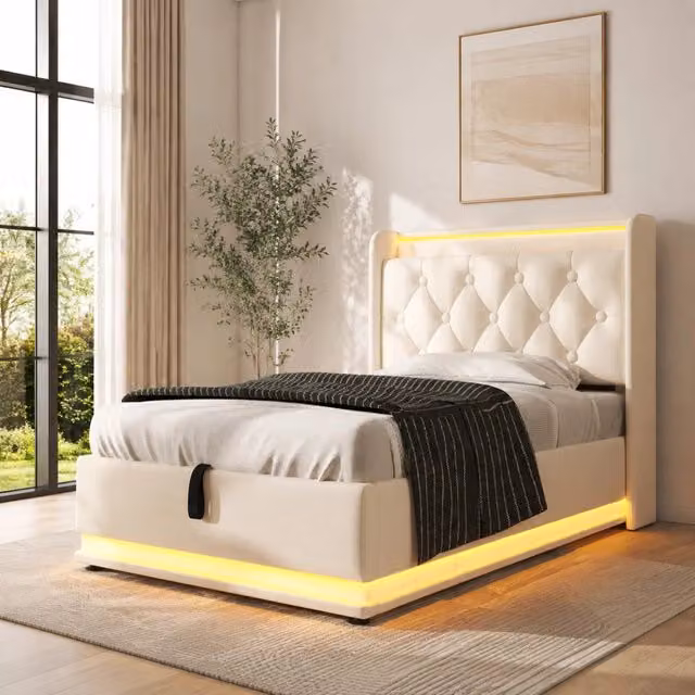 Letto singolo imbottito 90x200 cm bianco in PU con illuminazione LED 360°, testiera con porta USB Tipo-C e vano contenitore idraulico