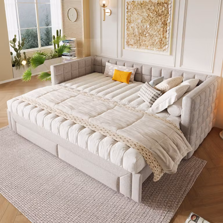 Letto imbottito Abrihome 90 x 200 cm con letto estraibile, daybed con 2 cassetti, beige
