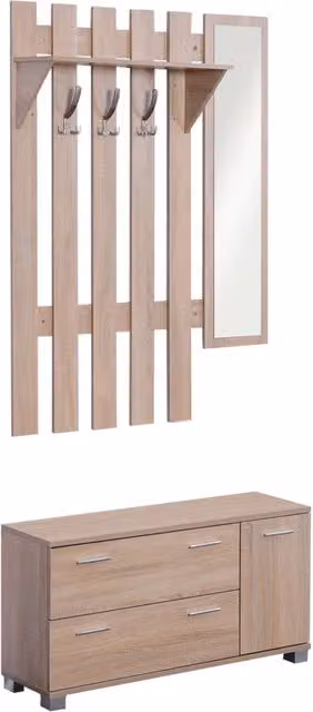Mobile per ingresso Benzoni con scarpiera, appendiabiti e specchio in legno, metallo e vetro, colore marrone e beige, L: 116 cm, P: 25 cm, H: 90 cm