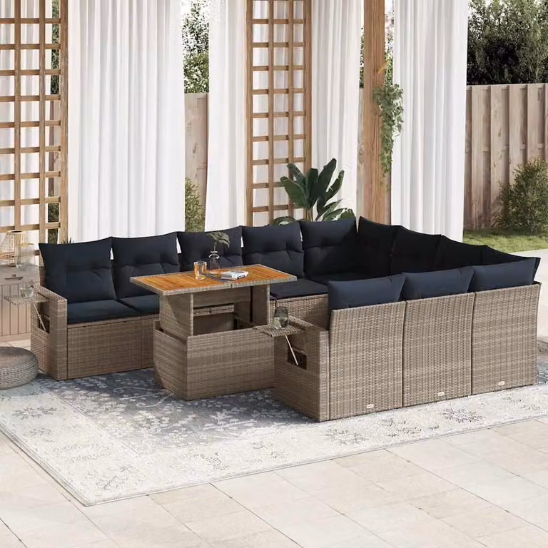 Set di divani da giardino vidaXL 11 pz a forma di U in polyrattan con cuscini blu e struttura in acciaio, ideale per giardino e terrazza