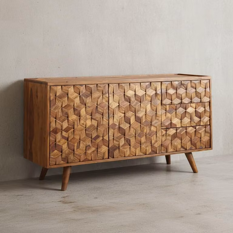 Credenza 138x76x45 cm in legno massello di sheesham con ante e cassetti, comò moderno in legno, mobile soggiorno