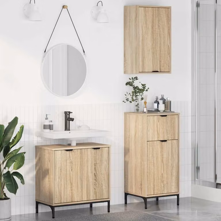 Set di mobili per il bagno vidaXL 3 pezzi in rovere marrone con mobile lavabo, mobile laterale e colonna alta L/P/H: 39,3 x 36,0 x 88,0 cm
