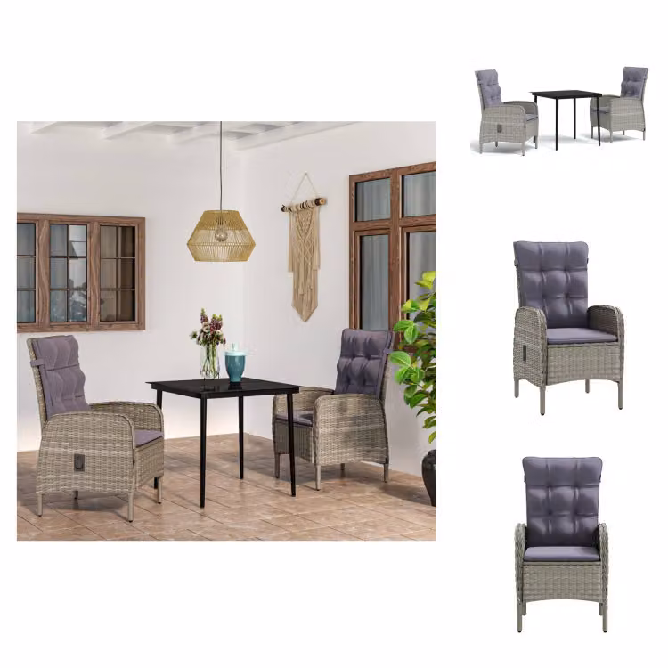 vidaXL Set da pranzo da giardino a 3 pezzi con cuscini grigio e nero - Set di mobili da giardino