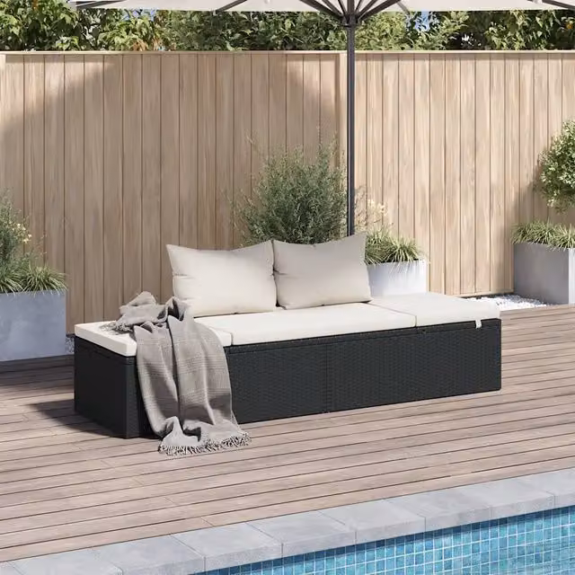 Lettino da giardino vidaXL in polyrattan nero con cuscino impermeabile e poggiatesta regolabile – 1