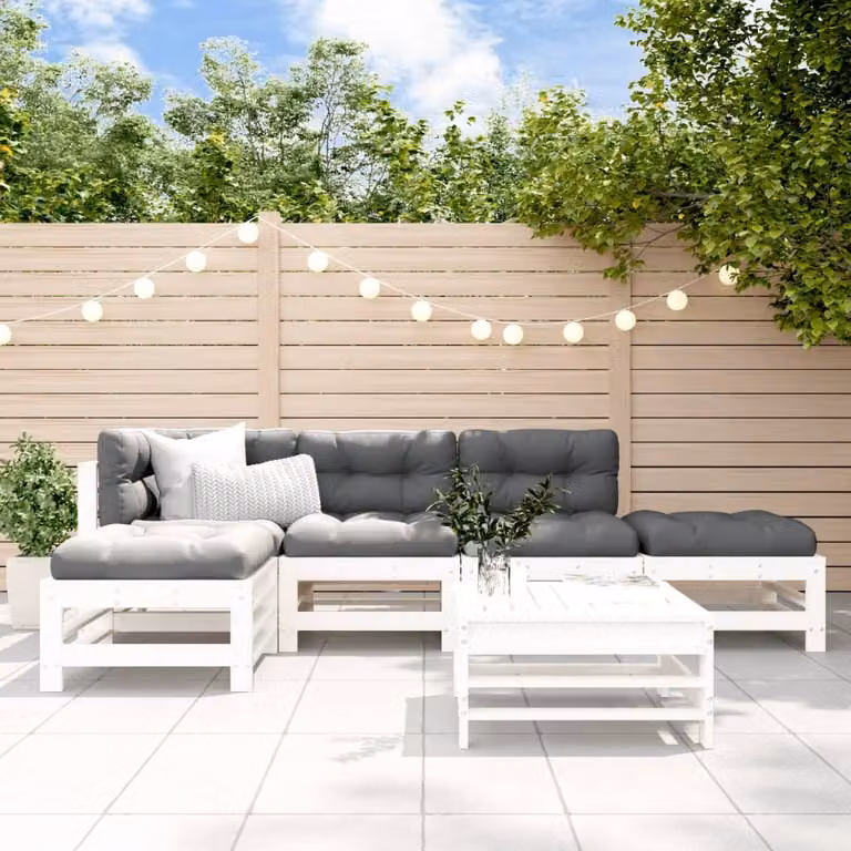 The Living Store Set da giardino 6 pezzi con cuscini in legno massiccio bianco