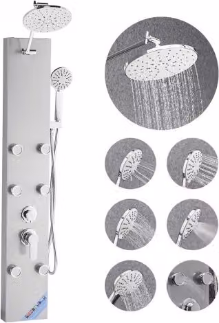 Colonna Doccia VEVOR Sistema a Torre in Acciaio Inox Spazzolato Silver con Soffione, Doccetta e 6 Getti Massaggianti, H: 124 cm, L: 48,8 cm, P: 17,7 cm