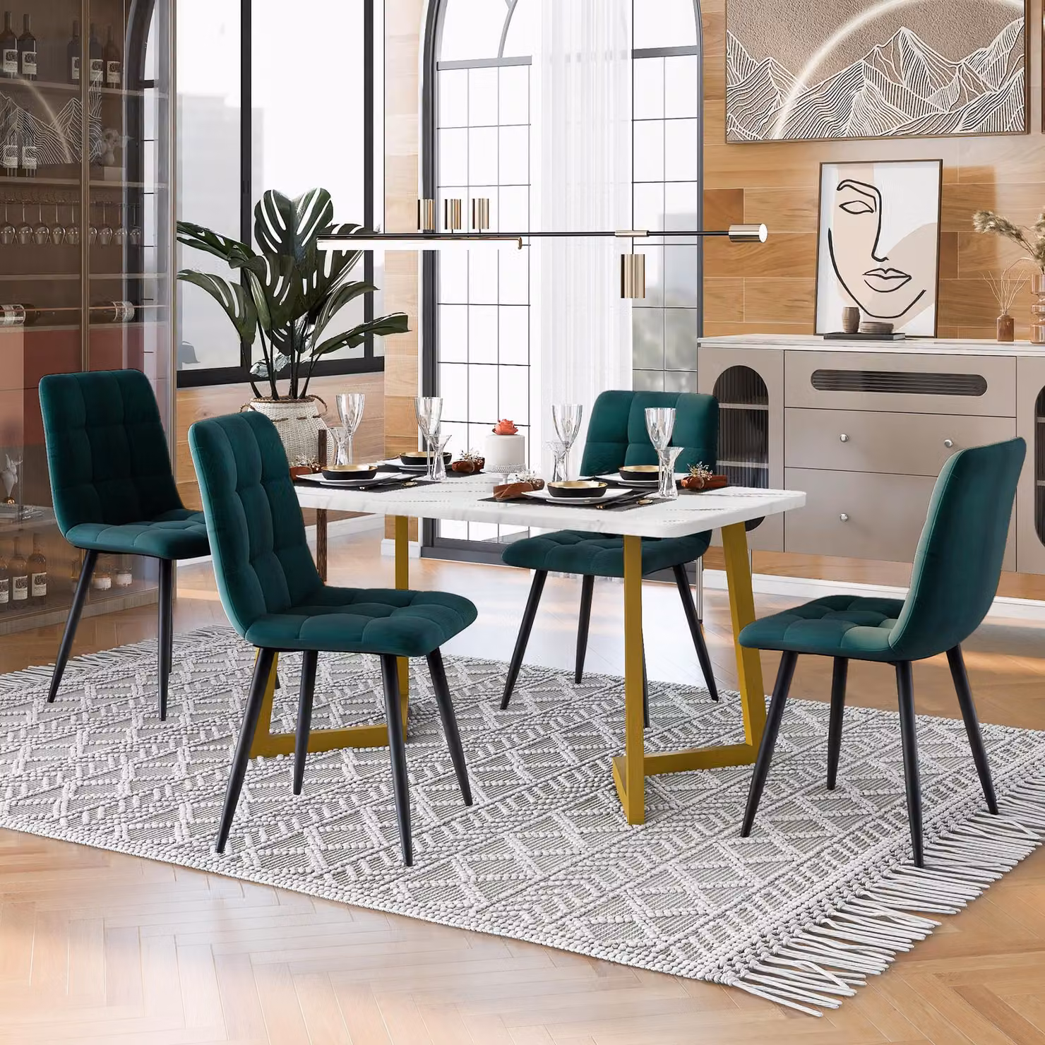 Set tavolo da pranzo Fortuna Lai 117 cm con 4 sedie, tavolo da pranzo rettangolare Set tavolo da cucina moderno ,sedie da pranzo in velluto verde scuro, gambe del tavolo dorate