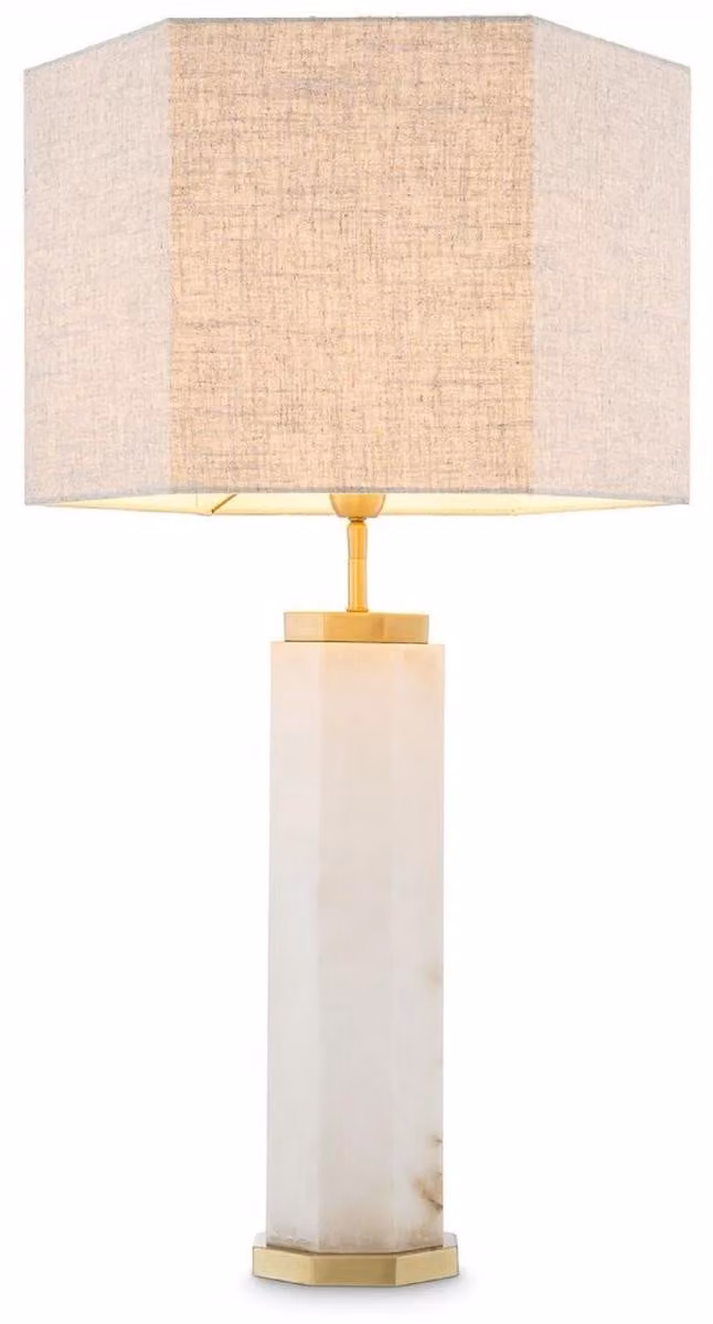 Casa Padrino lampada da tavolo bianco / ottone antico / grigio 46 x 46 x h. 84,5 cm - Lampada da tavolo in alabastro con paralume esagonale - Lampade da tavolo - Lampade da tavolo