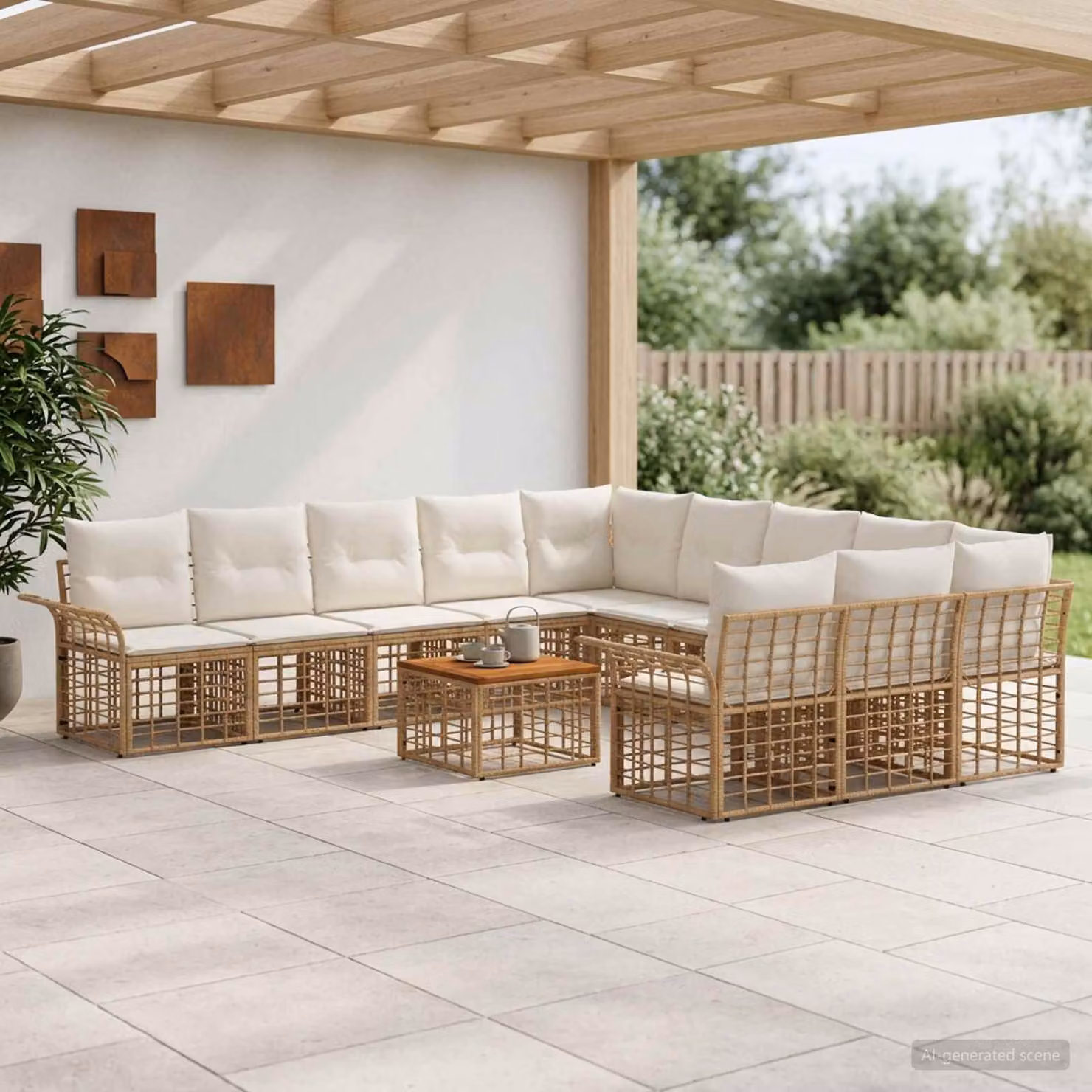 vidaXL Set di divani da esterno 11-12 posti a forma di U con tavolino e cuscini, struttura in metallo e tessuto beige, bianco e marrone