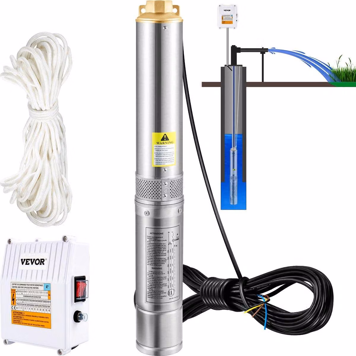 Pompa sommergibile profonda – con quadro elettrico esterno e cavo di alimentazione da 20 metri – dotata di valvola di non ritorno e filtro – portata: 190 litri/minuto