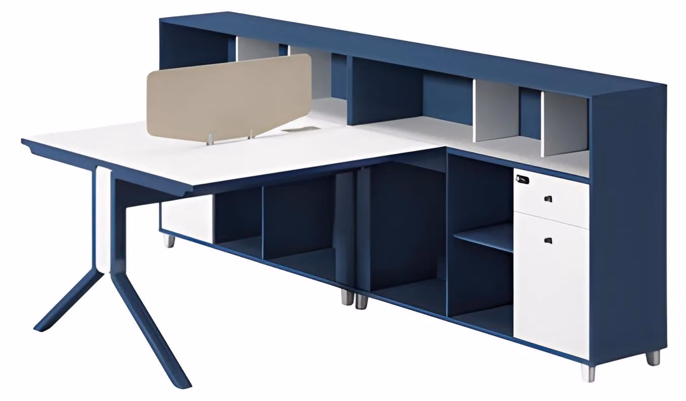 Moderne Schreibtischkombination in Blau und Weiß mit Trennwand und Stauraum