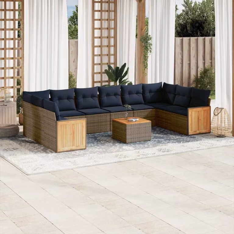 Set da salotto 11 pezzi, grigio, in rattan sintetico - Include tavolo in legno di acacia - Resistente agli agenti atmosferici
